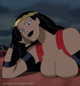 1girls accurate_art_style big_barda big_breasts black_gloves black_hair blue_eyes boobs_on_floor bottomless bra_pull breasts breasts_against_floor clothing dc dc_comics dcau female headwear hidden_nipples huge_breasts justice_league_unlimited laying_down lipstick looking_at_viewer modernww2fare muscular muscular_female outdoors smiling_at_viewer solo taller_female tiara