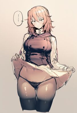 1girls andou_(girls_und_panzer) brown_hair brunette_hair female girls_und_panzer kobayashi3biker lifting_skirt lingerie lingerie_panties pubic_hair pubic_hair_peek tagme tanned tanned_body tanned_female tanned_skin tomboy