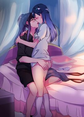 2girls ai_assisted ai_generated ass ass_grab back bed black_shirt black_skirt blouse blue_hair blue_panties blush closed_eyes clothing female female_only glasses hands_on_ass hug hugtto!_precure kissing long_hair multiple_girls negom on_bed panties panties_removed pillow ponytail precure pretty_cure puffy_sleeves red-framed_eyewear shirt sitting sitting_on_bed skirt skirt_removed socks standing tagme underwear video white_shirt yakushiji_saaya yuri