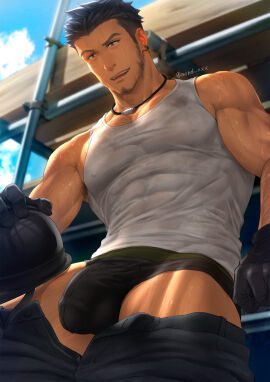 1boy abs arm_hair armpit_hair bara beard_stubble beefy belt big_breasts black_hair black_underwear breasts briefs bulge bulge_through_clothing clothed construction_worker daddy dilf dirty_clothing earrings gloves helmet helmet_removed hi_res leg_hair male male_only mature_male middle_aged mondi_xxx morning muscles muscular muscular_arms muscular_legs muscular_male muscular_thighs necklace nipples_visible_through_clothing original original_character outdoors pants_down pecs range_(mondi_xxx) scaffolding short_hair sideburns six_pack solo sweat sweatdrop sweating sweaty tanktop thick_eyebrows thick_neck thick_thighs tight_clothing transparent_clothing very_high_resolution very_sweaty wet_clothes yaoi