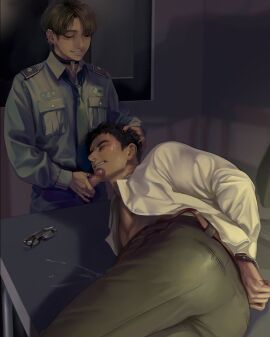 2boys absurdres bara bare_pectorals belt black_choker black_hair black_nails black_pants blue_shirt bound bound_wrists brown_belt brown_hair censored choker clenched_teeth closed_eyes collared_shirt coooga earrings erection gay glasses highres indoors jewelry killing_stalking large_pectorals looking_at_another lying male male_focus mosaic_censoring multiple_boys multiple_males multiple_rings muscular muscular_male on_side open_clothes open_shirt pants pectorals penis penis_on_face police police_uniform restrained ring shirt short_hair smile teeth uniform unworn_eyewear white_shirt yang_seungbae yaoi