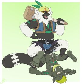 absurd_res after_anal after_sex anal anthro armor ass balls bandai_namco blonde_hair bodily_fluids club crossover cum cum_in_ass cum_inside digimon digimon_(species) duo erection fur generation_7_pokemon genital_fluids genitals green_body hair headgear helmet hi_res loboartico4 male male/male male_only mohawk nintendo passimian penis pokemon pokemon_(species) shamanmon upside-down white_body white_fur