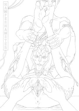 absurd_res alien anthro anus assisted_sex bioware carapace clitoris electronic_arts female genitals glans group hamperhamster hi_res holding_leg human imminent_sex line_art male male/female mammal mass_effect monochrome muscular muscular_male penis pussy scales spread_pussy spreading trio turian