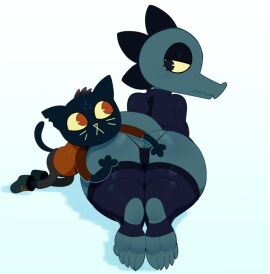 2024 2girls anthro anthro_only ass ass_cleavage ass_crack bea_santello black_eyes blue_fur blue_hair butt_crack clothed clothed_female crocodile feet feline female female_only furry green_body mae_borowski night_in_the_woods red_eyes scalie somescrub thick_thighs thighs touching_ass yellow_eyes