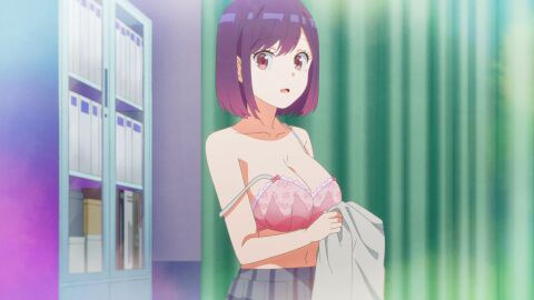 1girls 2025 anime anime_style arms bangs big_breasts big_eyes blue_skirt books bookshelf bra breasts changing_clothes classroom clothing collarbone crimson_eyes curtain curtains digital_media ear eyebrows eyebrows_visible_through_hair eyelashes eyes_wide_open female female_only fringe fringe_hair hand high_resolution highres holding_clothing indoors ishihara_yukari large_breasts looking_at_viewer medium-haired_female medium_breasts medium_hair mole mole_on_face mole_under_eye mouth_open navel no_sex no_shirt open_eyes open_mouth partially_clothed partially_nude purple-haired_female purple_hair red_eyes school school_skirt schoolgirl screencap shiny_hair skirt solo solo_female standing staple_entertainment surprised surprised_expression surprised_face surprised_look teenage_female teenager thin thin_arms thin_female tongue upper_body upper_body_focus upper_body_only upper_body_visible watari-kun_no_xx_ga_houkai_sunzen white_clothes white_clothing white_shirt