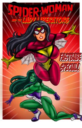 2d 2d_(artwork) 2girls avengers big_breasts black_hair breasts female female_only gloves green-skinned_female green_body green_hair green_skin hulk_(series) johnnyharadrim leotard long_hair marvel marvel_comics masked_female muscles muscular muscular_female red_suit she-hulk spider-woman spider-woman_(jessica_drew) superhero_costume superheroine throwing throwing_character