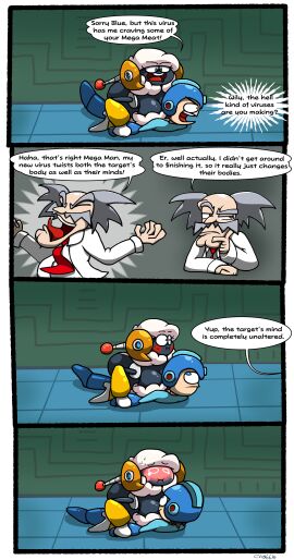 1girls after_transformation big_breasts blue_eyes blush blushing_profusely breasts chabble comic cute dr._wily english_text female funny horny horny_female humor large_breasts mega_man mega_man_(character) mega_man_(classic) mega_man_(series) mega_man_10 pinned_down post-transformation robot robot_girl robot_humanoid sheep_girl sheep_man text transformation white_background