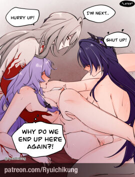 1girls 2d 2d_(artwork) 2d_artwork 2futas acheron_(honkai:_star_rail) areolae big_breasts black_swan_(honkai:_star_rail) blush body_markings breasts colored_extremities completely_nude dialogue english english_text female fff_threesome full_body futa_on_female futa_with_female futanari grabbing grabbing_another's_breast group_sex hair_over_eyes highres holding_another's_leg honkai:_star_rail honkai_(series) human implied_futa intersex lesbian light-skinned_female light-skinned_futa light_skin lying multicolored_hair multiple_females multiple_girls nipple_stimulation nipple_tweak nipples nude pink_hair profile purple_hair pussy red_eyes red_hands ryuichikung sex sheet_grab speech_bubble streaked_hair sweat text thought_bubble threesome twitter_username vaginal_penetration white_hair yellow_eyes yuri