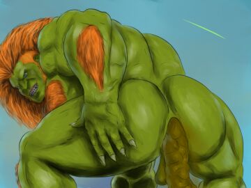 bara blanka blue_eyes capcom defecation digital_drawing_(artwork) dilf fart firealpaca forearm_hair hunk long_hair male muscular muscular_male orange_hair scat sharp_claws sharp_teeth shitting steamy_shit street_fighter street_fighter_6 yaoi