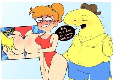 2d 2d_(artwork) 2d_artwork adult_swim ass backwards_baseball_cap big_nose biting_lip blue_shorts blushing charlie_(smiling_friends) cleavage couple cross_necklace female glasses groping_ass hat headwear looking_back looking_back_at_partner male orange_hair overweight overweight_male picknpull ponytail simple_background smiling_friends sweating swimsuit tagme text text_bubble yellow_body yellow_skin zoey_(smiling_friends)