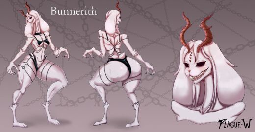 anthro ass breasts bunnerith_(plague-w) bunny_ears bunny_girl bunny_nose bunny_tail bunny_teeth character_sheet claws demon demon_girl demon_horns female furry horns huge_ass jackalope lagomorph lagomorph_humanoid lingerie monster_girl oc plague_w small_breasts thick_thighs wide_hips