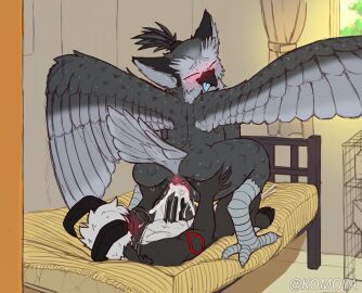 anal anal_sex anthro anus ass avian azrael_(owllad934) bed bedroom big_penis bird black_body black_fur blue_tongue bodily_fluids bovid caprine caprine_demon closed_eyes cum cum_inside cum_splatter demon duo eyewear feathers feet fur furniture genital_fluids genitals glasses goat_demon grey_body grey_feathers grin hi_res hooves humanoid hybrid k0moya komoya_(k0moya) looking_back male male/male mammal markings messy open_mouth owl penetration penis pink_anus red_markings round_glasses smile spread_ass spread_butt spread_wings spreading talons toes tongue tongue_out white_body white_fur wings