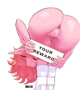 1girls anus ass bent_over blush chronoa colored_skin dragon_ball dragon_ball_heroes dragon_ball_xenoverse female from_behind highres holding holding_sign looking_at_viewer looking_back medium_hair mrmlix nude pink_hair pink_skin pointy_ears presenting presenting_ass pussy sign solo white_background white_footwear