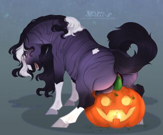 ass big_crotchboobs black_mane black_pussy bodily_fluids breasts crotchboob_paizuri crotchboobs crotchboobs_visible_through_thighs equid equine female feral genital_fluids genitals glistening glistening_eyes hi_res horse huskii-s improvised_dildo improvised_sex_toy jack-o'-lantern leg_markings mammal mane markings multicolored_mane open_mouth pink_eyes purple_body pussy red_tongue simple_background socks_(marking) solo striped_back striped_butt striped_neck stripes teeth three-quarter_view tongue two-tone_mane vaginal_fluids white_mane