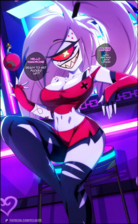 1girls bare_shoulders big_breasts bomb breasts cherri_bomb_(hazbin_hotel) clothed clothing color demon demon_girl english_text felox08 female female_focus female_only hazbin_hotel hi_res large_breasts light-skinned_female light_skin long_hair looking_at_viewer red_eyes ripped_clothing sharp_teeth sitting solo solo_female tagme text text_bubble thick_thighs white_hair