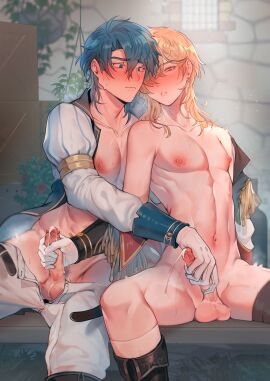 2boys ^^^ abs absurdres balls bare_pectorals belt black_belt black_footwear blonde_hair blue_hair blue_pubic_hair blush boots byefrog closed_mouth coat coat_on_shoulders collarbone commentary cum cum_on_balls cum_on_body ejaculation eldigan_(fire_emblem) english_commentary erection fire_emblem fire_emblem:_genealogy_of_the_holy_war foreskin full-face_blush gloves groin hair_between_eyes handjob highres long_hair long_sleeves looking_at_penis male male_focus male_pubic_hair motion_lines multiple_boys multiple_males mutual_masturbation navel nervous_sweating nipples open_belt open_clothes open_pants open_shirt outdoors pants parted_lips pectorals penis plant projectile_cum pubic_hair sigurd_(fire_emblem) sitting sleeve_cuffs spread_legs sweat sweatdrop tassel testicles uncircumcised wavy_mouth white_gloves white_pants yaoi