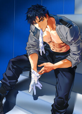 1boy abs black_pants black_shoes blue_eyes blue_hair closed_mouth clothes_in_mouth collarbone collared_shirt feet_out_of_frame glove_in_mouth gloves grey_shirt looking_at_viewer male male_focus male_only muscular muscular_male navel nipples open_clothes open_shirt original pants parted_bangs pectorals shirt shoes short_hair sitting solo tomcat_li white_gloves