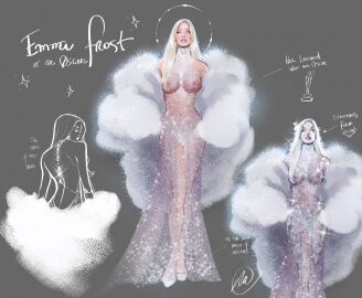 big_breasts blonde_hair blue_eyes breasts diamond diamond_(gem) diamond_form dress emma_frost female fur_coat lukas_werneck marvel marvel_comics nipples nipples_visible_through_clothing white_queen x-men