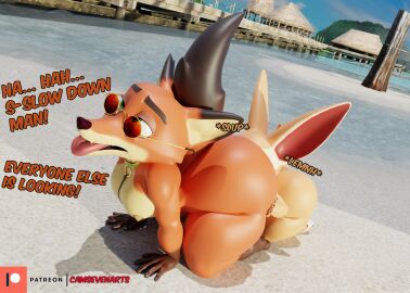 all_fours anal anthro ass athletic beach big_ass big_butt blue_sky brown_ears brown_tail camseven canid canine canis clear_water collar disney duo ears_up eyewear fennec_fox finnick fox fur green_collar hi_res huge_ass huge_butt looking_pleasured male male/male mammal multicolored_ears muscles nick_wilde nipples oral orange_body orange_fur outside pecs pink_nipples presenting public public_indecency raised_tail resort rimming sand sex sky sunglasses tail tall_ears tan_body tan_fur text toned toned_muscles tongue tongue_out true_fox two-tone_ears two-tone_tail water wooden_dock zootopia