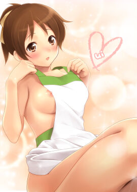 1girls apron_only artist_request blush brown_eyes brown_hair character_name erect_nipples female k-on! nipples pink_nipples revealing_clothes solo tagme ui_hirasawa_(k-on!) undressing