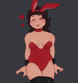 1girls black_cuffs blep blush breasts brown_hair brown_skin bunny_costume bunny_ears bunny_girl bunnysuit choker chubby chubby_female closed_eyes closed_mouth closed_smile clothed clothed_female clothing collar color colored colored_nails cuffs cuffs_(clothing) dark_hair detached_collar detached_cuffs digital_drawing_(artwork) digital_media_(artwork) fake_animal_ears female female_focus female_human female_only flirting flirty frilled_choker frilled_legwear frilly_accessory frilly_choker frilly_collar frilly_legwear frilly_stockings happy hotfiresu human inner_thigh_dips legs_together legwear medium_breasts medium_hair mouth_closed nail_polish nails nails_painted navel navel_outline no_visible_genitalia not_ai_generated original original_characters playful playful_smile red_bunnysuit red_choker red_clothing red_collar red_ears red_eyeshadow red_nails shaded shoulder_length_hair smile solo standing tan-skinned_female tan_body tan_skin tight_bodysuit tight_fit tongue tongue_out wavy_hair wide_hips wide_thighs
