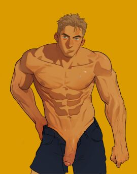 1boy abs absurdres bara cowboy_shot edeued_(dpemrmfla) facial_hair foreskin goatee_stubble highres looking_at_viewer male male_focus muscles muscular muscular_male navel nipples open_fly original pectorals penis penis_out short_hair shredded_muscles sideburns_stubble solo standing stubble sweat thick_eyebrows tsurime uncensored uncircumcised yaoi