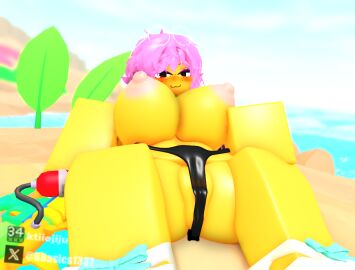 1girls 3d 3d_(artwork) 3d_model anus ass background beach beach_engineer belly big_ass big_breasts bikini bikini_bottom blush breasts engineer_(tds) female glasses glasses_on_head ktiiejiju_(artist) laying nipples orange_body pink_hair pose pussy roblox roblox_game robloxian self_upload shoes thighs tower_defense_simulator watermark