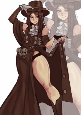 1boy absurdres androgynous ascot asymmetrical_gloves black_hair boots clothes_lift femboy fingerless_gloves gloves guilty_gear guilty_gear_strive hat highres long_hair long_skirt looking_to_the_side male open_clothes open_skirt otoko_no_ko panties panty_peek skirt skirt_lift smile solo testament_(guilty_gear) top_hat trap unbuttoned underwear white_ascot widisu