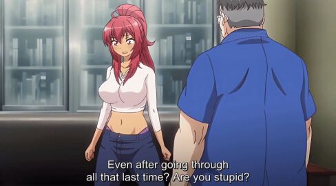 animated anime_screenshot blackmail breasts convenience_store fat_male konbini_shoujo_z large_breasts male red_eyes red_hair tagme