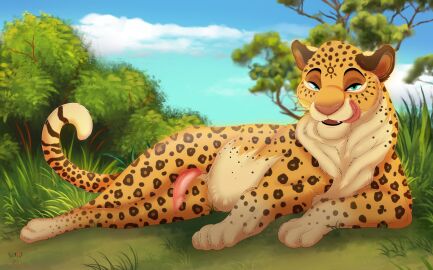 animal_genitalia animal_penis bedroom_eyes blue_eyes caviaporcellus27 cloud digital_media_(artwork) fangs felid feline_genitalia feline_penis feral fur genitals grass half-erect hi_res leopard licking licking_lips licking_own_lips looking_at_viewer lying male mammal markings narrowed_eyes nature on_side open_mouth orange_body orange_fur original_character outside pantherine paws penile_spines penis plant seductive sky solo spots spotted_body spotted_fur tail teeth tongue tree whiskers