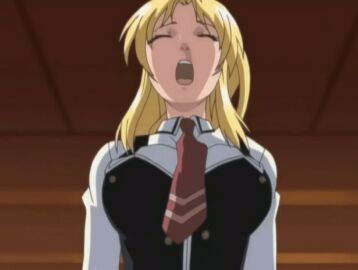 00s 2006 animated bible_black bible_black_only blonde_hair bouncing_breasts bowtie breasts closed_eyes clothed_sex cowgirl_position female implied_sex lowres open_mouth ponytail riding saeki_kaori school_uniform solo_focus straight tagme white_shirt