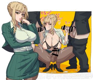 1futa 2boys arm_under_breasts balls bar_censor black_pants black_shirt black_shoes blonde_hair breasts brown_eyes bulge censored check_commentary clothed clothes_pull clothing commentary_request cum cum_on_floor drill_hair erection erection_under_clothes fellatio female fully_clothed futa_with_male futanari half-closed_eyes handjob huge_breasts intersex looking_at_viewer male male_on_futa mikoyan multiple_boys multiple_males nipples oral original pants pants_pull pantyhose penis pointless_censoring shirt shoes squatting tenting testicles translation_request white_shirt yellow_background