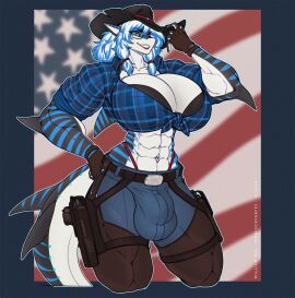 abs american_flag anthro belt belt_buckle big_breasts blue_bottomwear blue_clothing blue_eyes blue_jeans blue_pants bottomwear breasts buckle bulge chaps clothing cowboy_hat denim denim_bottomwear denim_clothing eyewear fingerless_gloves fish futanari glasses gloves gun gun_holster handgun handwear hat headgear headwear hi_res holster holstered_pistol intersex jeans marine muscular muscular_futa muscular_intersex nika_sharkeh pants pattern_clothing pattern_shirt pattern_topwear pistol plaid plaid_clothing plaid_shirt plaid_topwear ranged_weapon shark shirt solo stripes topwear united_states_of_america weapon wmdiscovery93