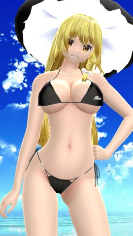 1girls 2023 3d beach belly_button bikini black_bikini blonde-haired_female blue_sky breasts cleavage clouds female hand_on_stomach hat hati_yukkuri_mmd headwear human light-skinned_female light_skin long-haired_female looking_at_viewer marisa_kirisame mmd outdoors sky smiling_at_viewer solo_female solo_focus swimsuit touhou waist water white_bowtie witch_hat yellow_eyes