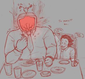 breathing breathing_heavily compliment complimenting_partner deltarune deltarune_chapter_3 eating eating_food fat_fetish fat_male feederism feeding food i_love_tv male praise praise_kink restaurant shaking size_difference spamton_g_spamton steam steaming_body tenna_(deltarune) trembling tv_screen