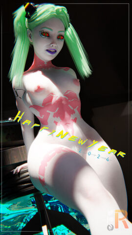 1girls 3d breasts cd_projekt_red cyberpunk:_edgerunners cyberpunk_2077 female flat_chest green_hair nipples realium3d rebecca_(edgerunners) small_breasts solo wide_hips