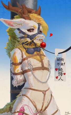 absurd_res animal_genitalia anthro antler_bondage ball_gag ball_gag_down blindfold blindfold_down blush bondage bound chinese_text collar dragon eastern_dragon egg_vibrator fur furred_dragon furred_scalie gag genital_slit genitals halter harness_ball_gag harness_gag heart_symbol hi_res leash leashed_collar male mythological_creature mythological_scalie mythology nipple_clamp penetration restraints rope rope_bondage rope_harness scalie sex_toy sex_toy_in_slit sex_toy_insertion signature slit_penetration slit_play smile smirk solo standing text tied_to_pole tongue tongue_out translated vibrator vibrator_in_slit white_body wolfwhispermu