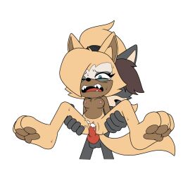 1boy 1girls black_fur blue_eyes bodily_fluids brown_skin cum eyes_half_open female holding_thighs htnsfw knot male oc paws ponytail sega sex sonic_(series) standing standing_sex straight whisper_the_wolf yellow_fur zen_the_wolf