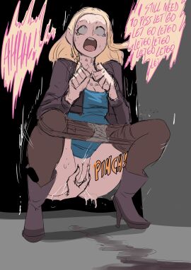 1girls 1other begging begging_to_pee biku blonde_hair blue_dress breasts cleavage cropped_jacket dress dress_lift english_text female large_breasts long_hair necklace onomatopoeia original original_character panties panties_under_pantyhose panty_pull pantyhose pantyhose_pull pee_denial pee_squat_outdoors peeing pinch pinching_pussy pussy pussy_pinching short_jacket solo stained_panties suprised suprised_expression suprised_look wet wet_panties