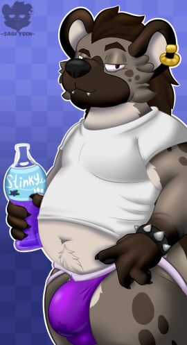 anthro anthro_only belly belly_hair beverage bodily_fluids body_hair bracelet brown_body brown_fur bulge claws clothed clothing ear_piercing eyebrows fur genital_fluids hand_on_hip hi_res hyena jewelry jockstrap looking_at_viewer male male_only mammal navel overweight pawpads piercing precum precum_in_underwear presenting purple_clothing purple_jockstrap purple_underwear raised_clothing raised_eyebrow red_eyes sabi_(woofington_gator) seductive slightly_chubby solo solo_male teeth thick_thighs underwear wet wet_clothing woofington_gator