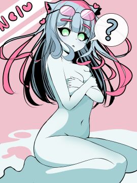1girls adventurer_(toram_online) black black_sclera blue_skin breasts female glasses green_eyes hands_on_breasts naked sitting slime_girl toram_online tutorial_angel virtual_youtuber vtuber wolf_ears
