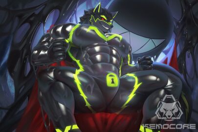 3:2 abs anthro balls bara biceps big_muscles big_pecs big_penis bodily_fluids canid canine canis erection fur genital_fluids genitals green_highlights grin hi_res highlights_(coloring) kult2k latex latex_body liquid_latex logo low-angle_view male male_only mammal muscles muscular muscular_anthro muscular_male null_bulge pecs penis red_eyes smile solo solo_focus toothy_grin yaoi