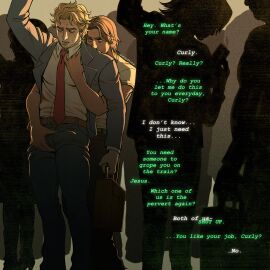 2boys chikan comic curly_(mouthwashing) groping_crotch groping_from_behind jimmy_(mouthwashing) male mouthwashing public public_humiliation public_transportation talking_to_another text valentitans yaoi