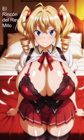 1girls bedroom black_thighhighs blonde_hair blue_eyes blush breasts cleavage drill_hair feathers female female_only gigantic_breasts high_school_dxd huge_breasts indoors large_breasts light-skinned_female lingerie looking_at_viewer on_bed open_shirt pleated_skirt ravel_phenex red_bowtie red_bra red_lingerie red_panties red_sheets red_skirt rinconmito sitting solo sweat