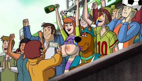 2girls beer_bottle breasts breasts_out brown_hair cheering clothing conscious crowd daphne_blake domestic_dog edit edited edited_screencap female fred_jones glasses human looking_at_breasts male massive_breasts multiple_boys multiple_males nipples outside phone scooby-doo scooby-doo_(character) screenshot screenshot_edit shaggy_rogers smiling tits_out velma_dinkley woot