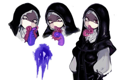 absurdres black_bodice black_capelet black_hood capelet censored commentary_request elden_ring elden_ring_nightreign fellatio female highres mosaic_censoring mouth_tentacles multiple_views oral partially_shaded_face portrait red_eyes solo sora_sakura tentacle tentacle_girl tentacle_tongue tentaclejob tongue tongue_out undertaker_(elden_ring) upper_body white_coif