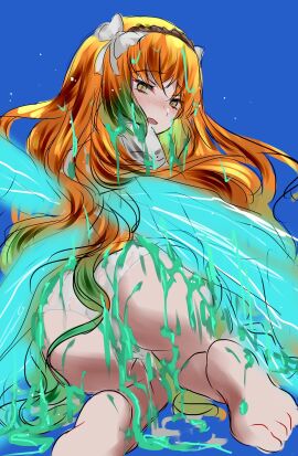 1girls blush fairy_wings female freckles ginger ginger_hair green_eyes hair_ornament hairband ishmael_(limbus_company) limbus_company long_hair looking_at_viewer looking_back orange_hair panties project_moon slime torn_clothes very_long_hair wings