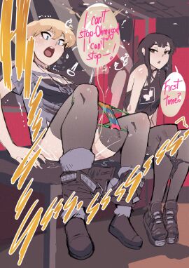 2girls alternate_costume alternate_hairstyle bare_shoulders belt belt_unbuckled beth_(biku) biku black_choker black_footwear black_hair black_panties black_shorts black_thighhighs blonde_hair blue_eyes blush breasts brown_eyes choker daughter_(biku) english_text female hair medium_hair multicolored_panties onomatopoeia open_mouth open_shorts original panties panty_pull panty_tag peeing peeing_in_sink short_hair shorts shorts_pull sink sitting sitting_on_sink speech_bubble stained_panties tag text text_bubble thighhighs unbuckled unbuckled_belt underwear wet wet_panties