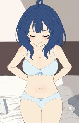 ahoge animated bare_arms bare_belly bare_legs bare_shoulders bare_thighs bed bed_sheet belly_button big_breasts blue_bra blue_eyes blue_hair blue_panties blush body_blush bra breasts cleavage collarbone female make_heroine_ga_oo_sugiru! medium_hair nipples panties removing_bra sincos sitting sitting_on_bed thighs topless underwear undressing unworn_shirt unworn_skirt yanami_anna