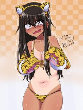 1girls alternate_universe animal_print armwear black_hair blush breasts cleavage embarrassed female female_only flying_sweatdrops front-tie_bikini glasses hair_between_eyes hayase_nagatoro headband long_hair mao_diosa navel nerd nerdy_female nervous nervous_expression nervous_face nervous_female nervous_smile nervous_sweat paw_gloves please_don't_bully_me nagatoro shy_girl skimpy skin_fang skindentation skinny skinny_female slightly_chubby_female small_breasts solo submissive_and_breedable tan-skinned_female tan_body tan_lines tan_skin tanline tanned tanned_female tanned_skin thick_thighs thighs tiger_ears tiger_print trembling